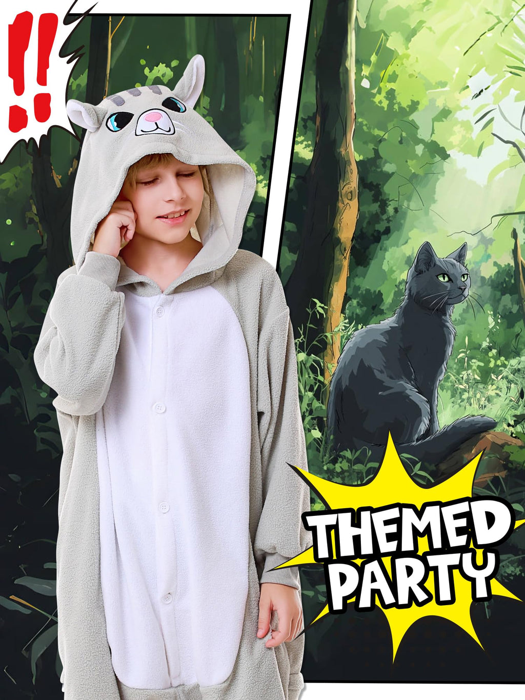 CANASOUR Cat Onesie Kids Halloween Cosplay Costume Girls One Piece Pjs Anime Unisex Hoodie Pajamas Grey For 8-10 Years Boys Part