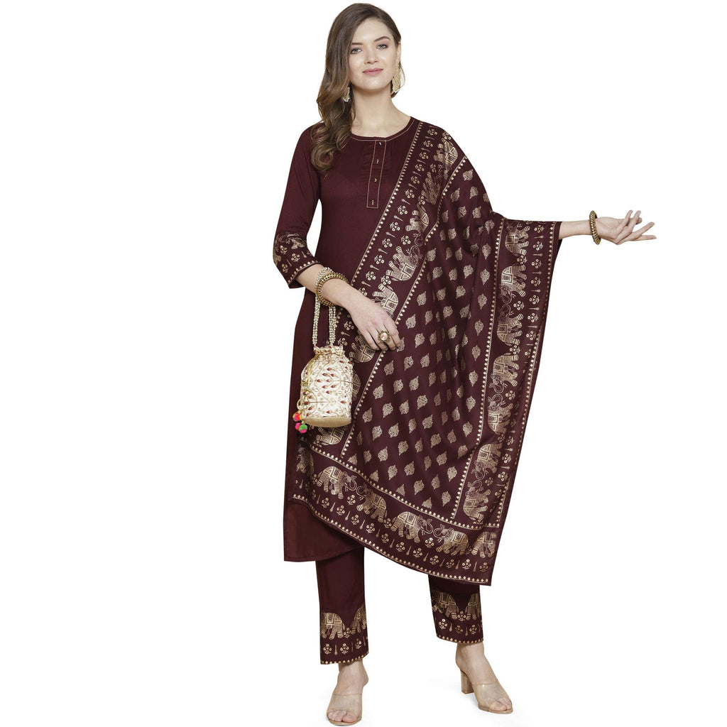 Gosriki Women'S Rayon Solid Kurta With Palazzo & Dupatta (Brown,Xl)