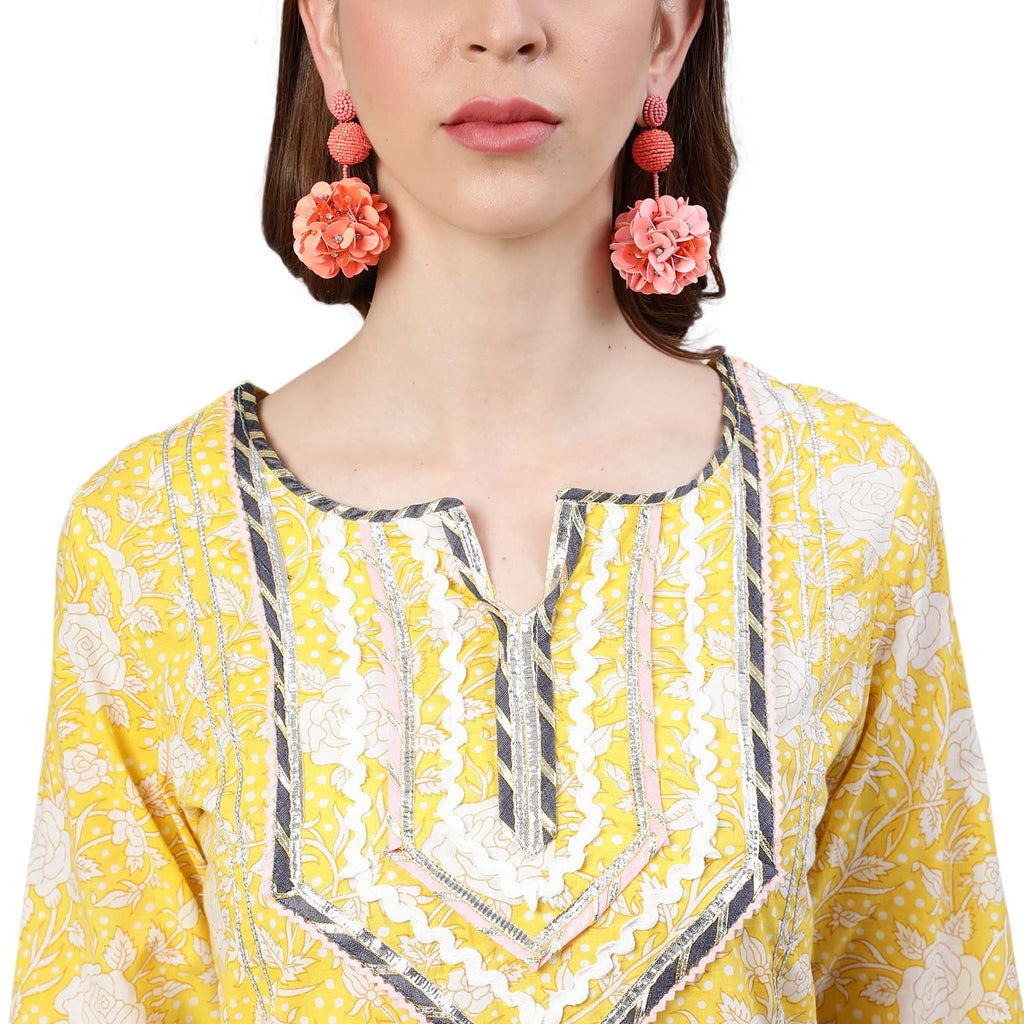 Ishin Women'S Pure Cotton Embroidered Gotta Patti Yellow Floral Print A-Line Kurta Suit Set With Dupatta & Trouser