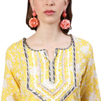Ishin Women'S Pure Cotton Embroidered Gotta Patti Yellow Floral Print A-Line Kurta Suit Set With Dupatta & Trouser