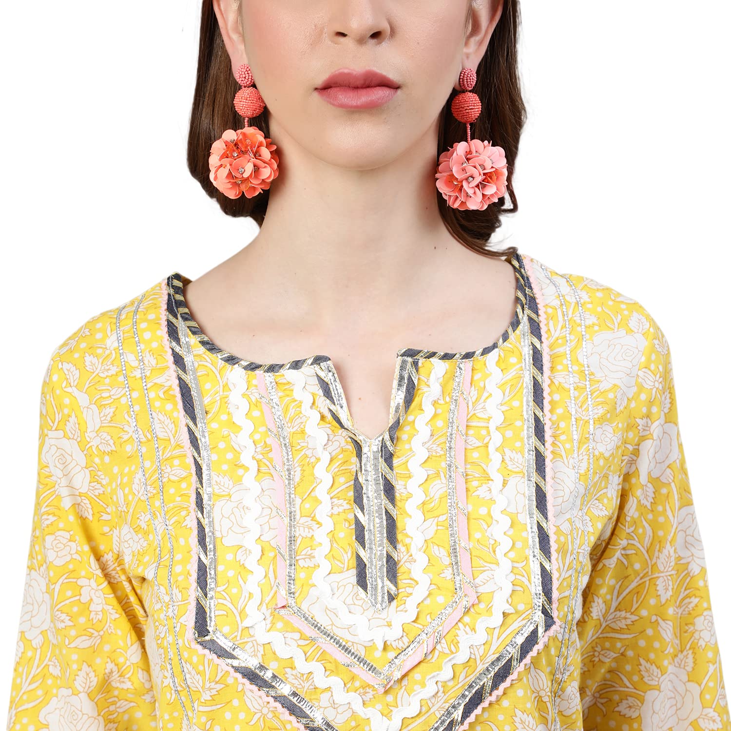 Ishin Women'S Pure Cotton Embroidered Gotta Patti Yellow Floral Print A-Line Kurta Suit Set With Dupatta & Trouser