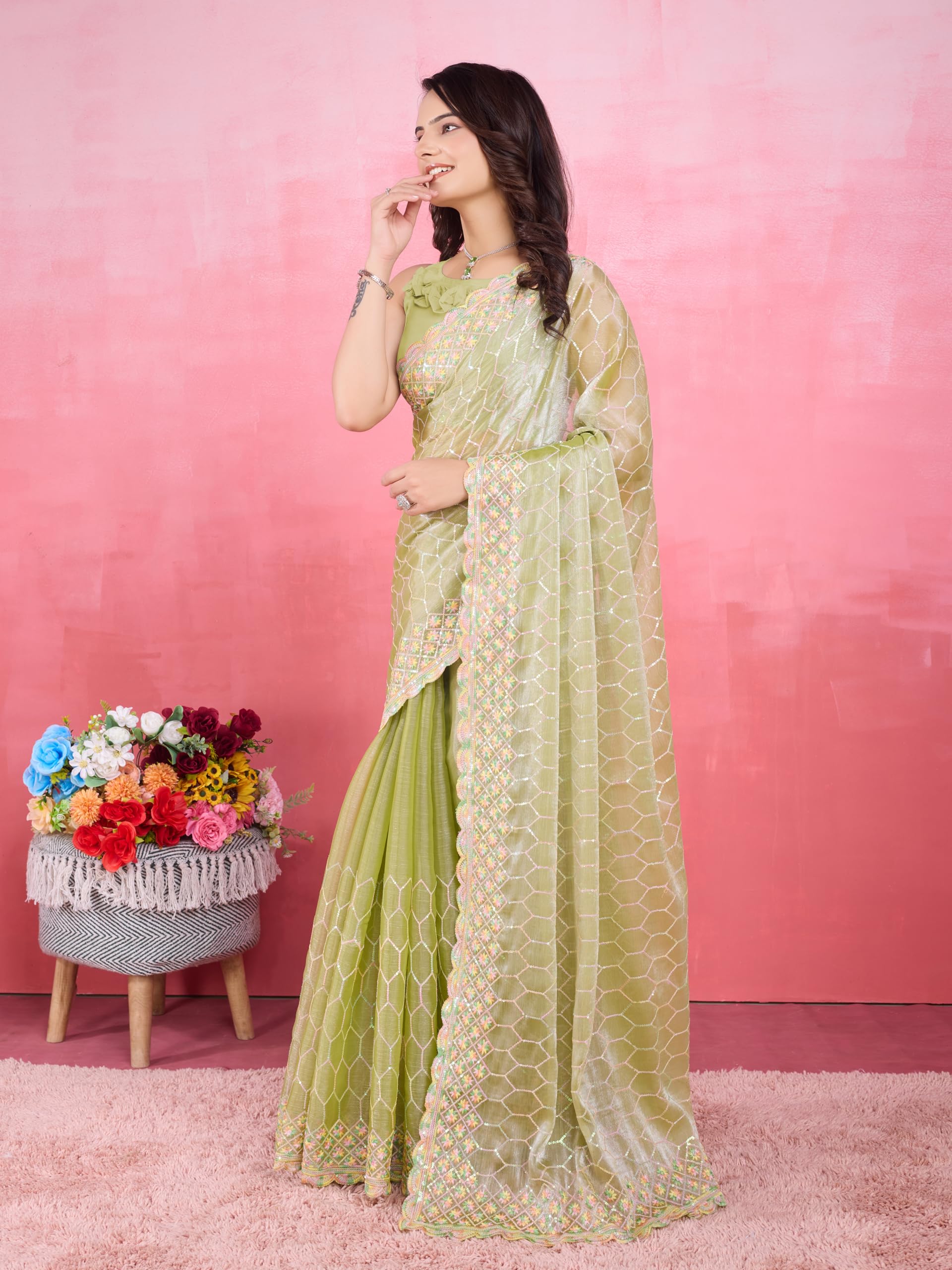 Vairagee Women Soft Burberry Silk Hexagon Shape Sequnce Embroidery Saree With Unstiched Blouse