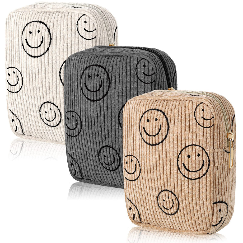 3 Pcs Corduroy Cosmetic Bag Smile Face Aesthetic Preppy Makeup Bag Corduroy Toiletry Aesthetic Pouch Travel Smile Bags for Women
