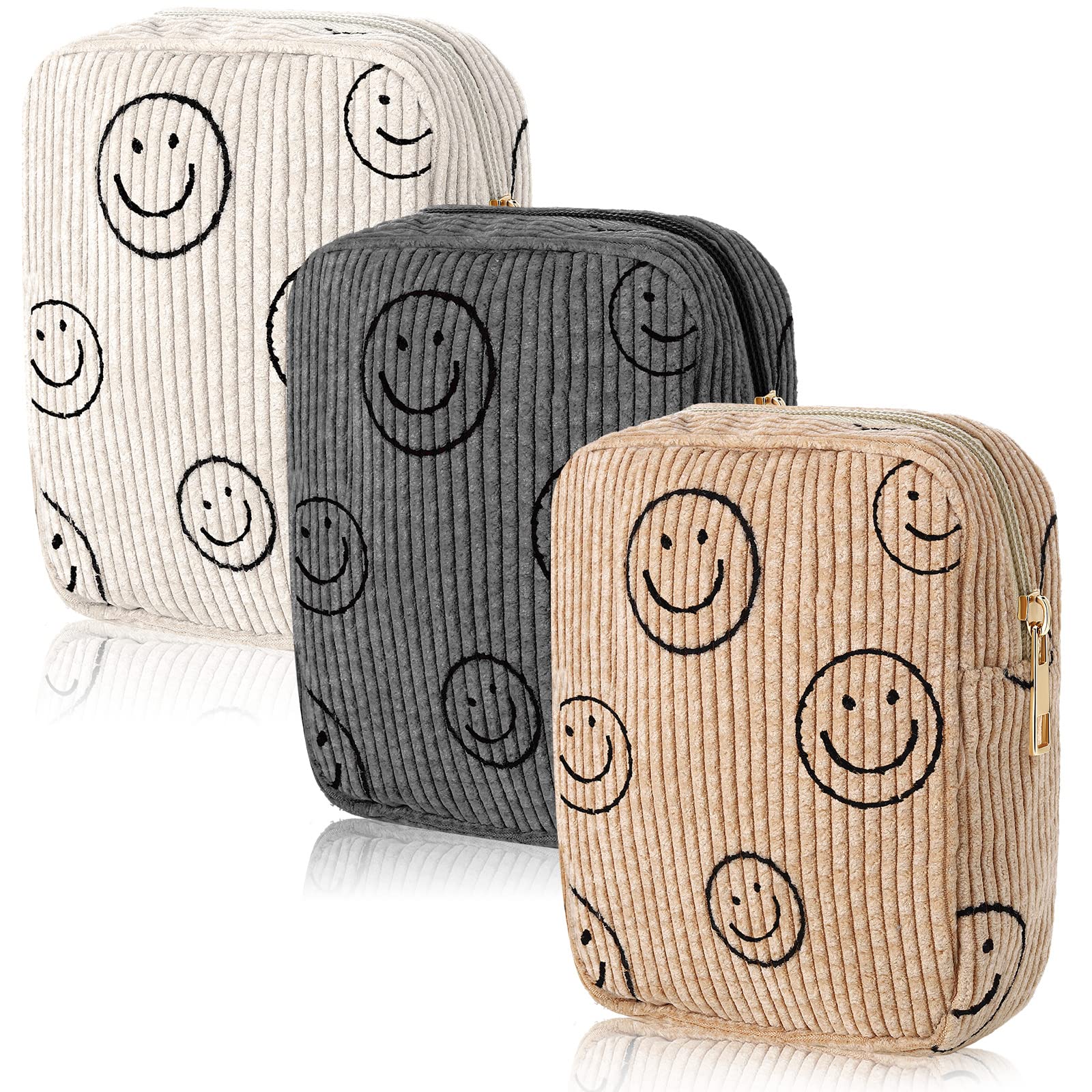 3 Pcs Corduroy Cosmetic Bag Smile Face Aesthetic Preppy Makeup Bag Corduroy Toiletry Aesthetic Pouch Travel Smile Bags for Women
