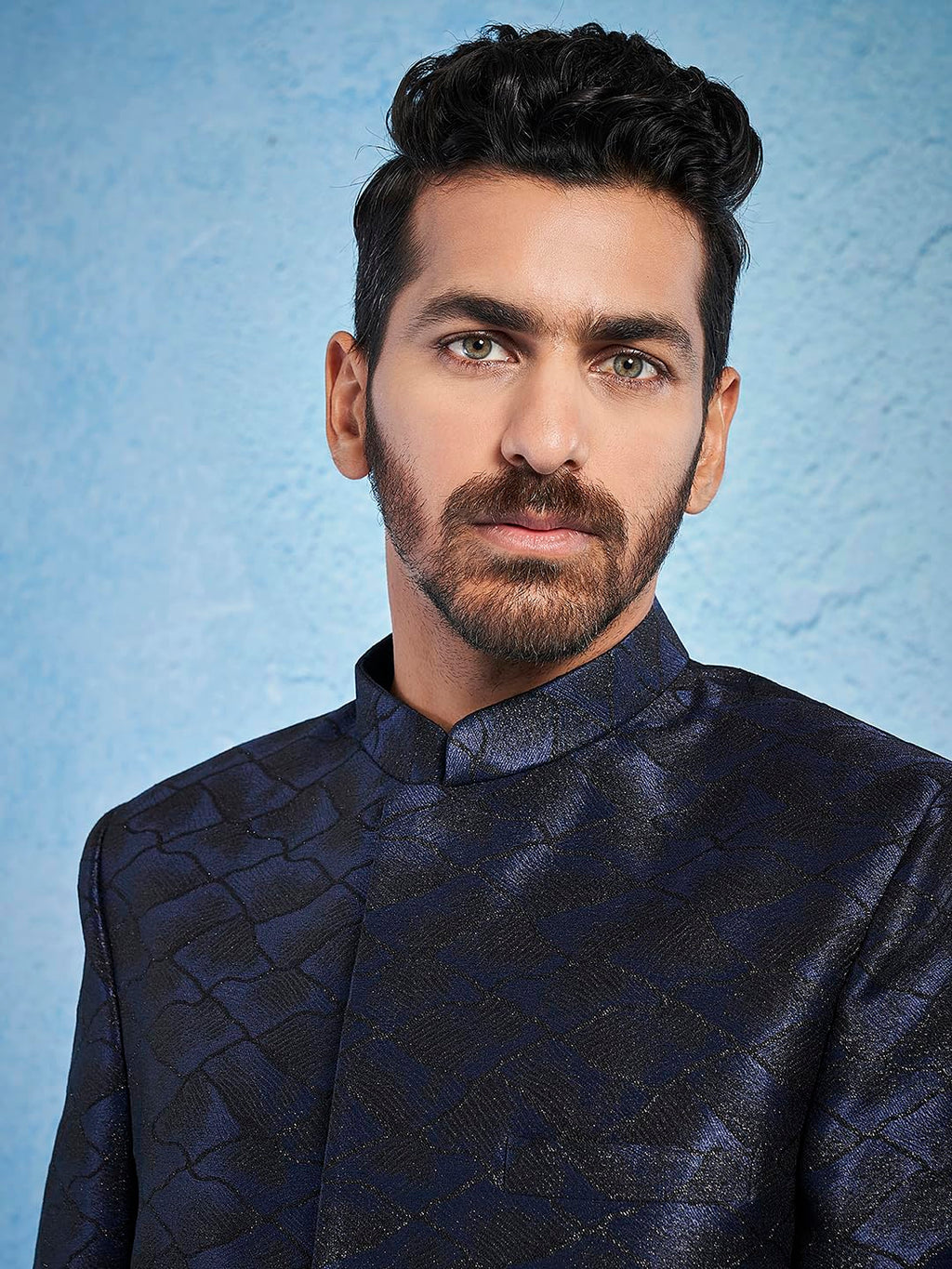 VASTRAMAY Mens Navy Blue Silk Blend Sherwani Only Top - Silk Blend Jacquard Indo Western