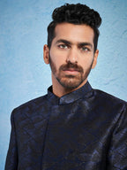 VASTRAMAY Mens Navy Blue Silk Blend Sherwani Only Top - Silk Blend Jacquard Indo Western