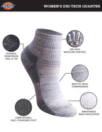 Dickies Womens Dickies Women's 6 Pack Dritech Quarter Socks White Fashion Assorted (6 Pairs) Shoe Size: 6-9 One Size