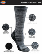 Dickies Women's Dri-Tech Fashion Moisture Control Crew Socks, Available in S-XL (5, 6, 12, Black Marl (6 Pairs), Medium