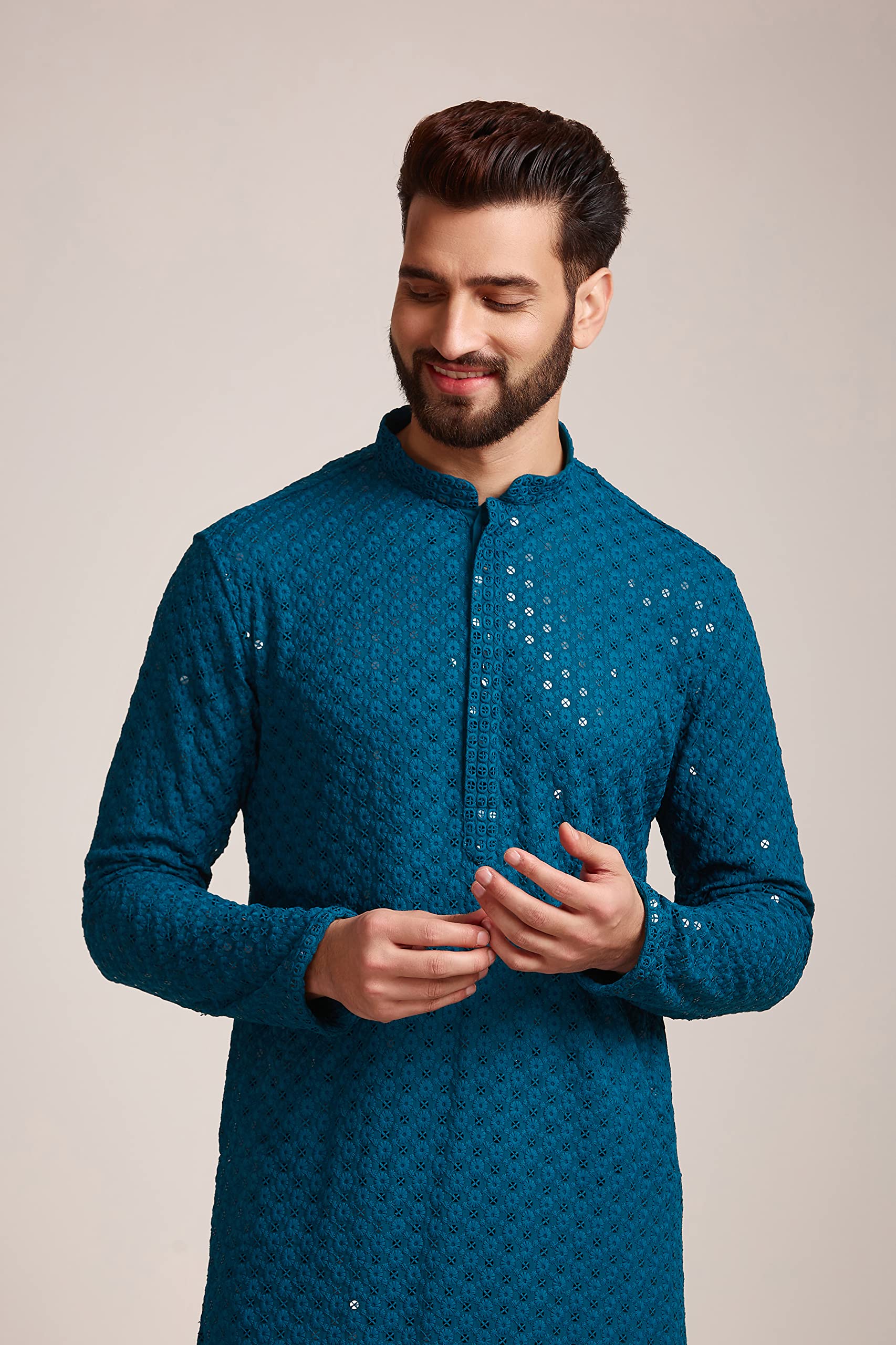 Manyavar Blue Viscose Full Sleeve Kurta Set | Traditional Kurta Set For Men