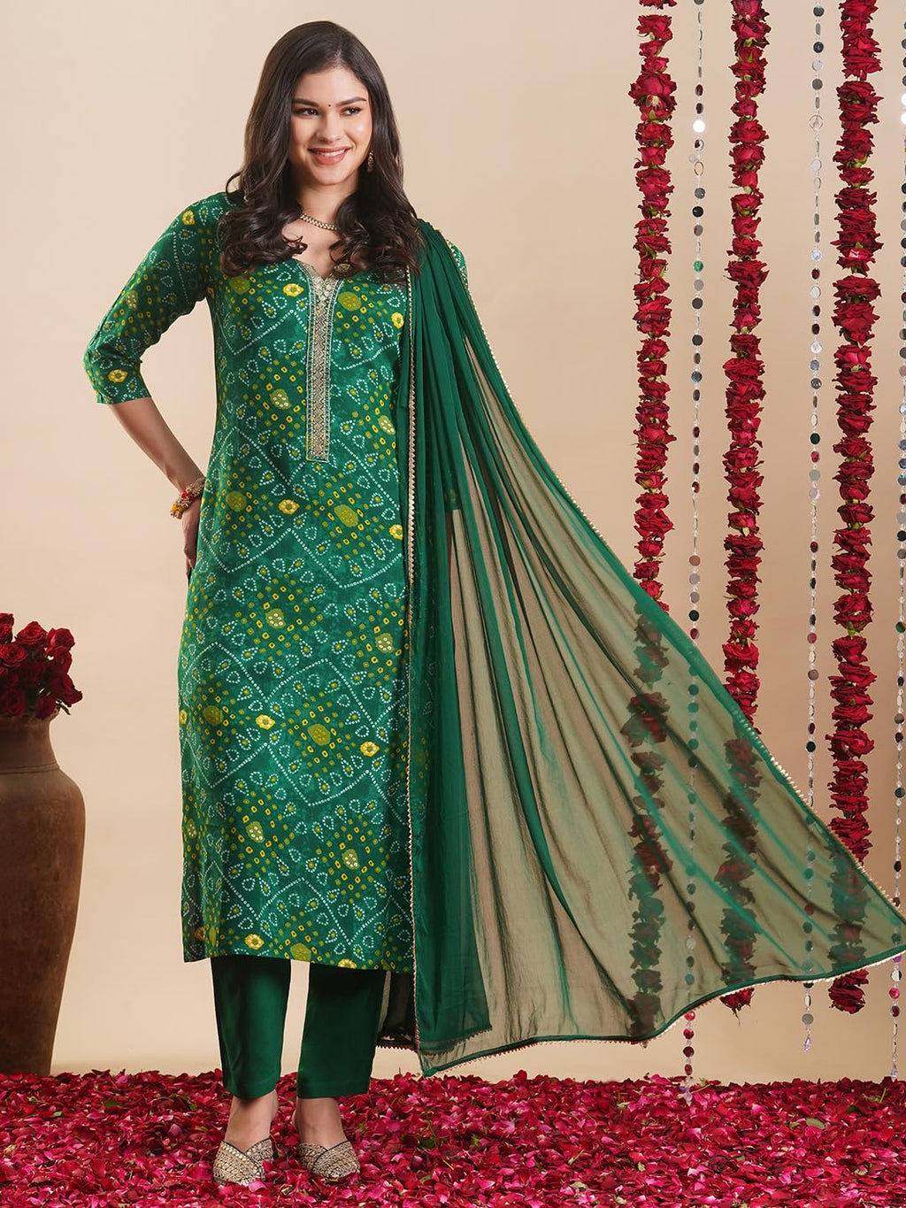 ANNI DESIGNER Women s Rayon Blend Kurta with Pants and Dupatta, Green, 3XL