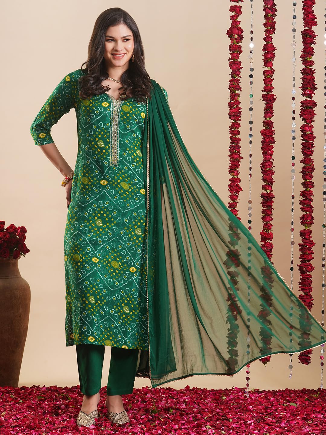 ANNI DESIGNER Women s Rayon Blend Kurta with Pants and Dupatta, Green, 4XL