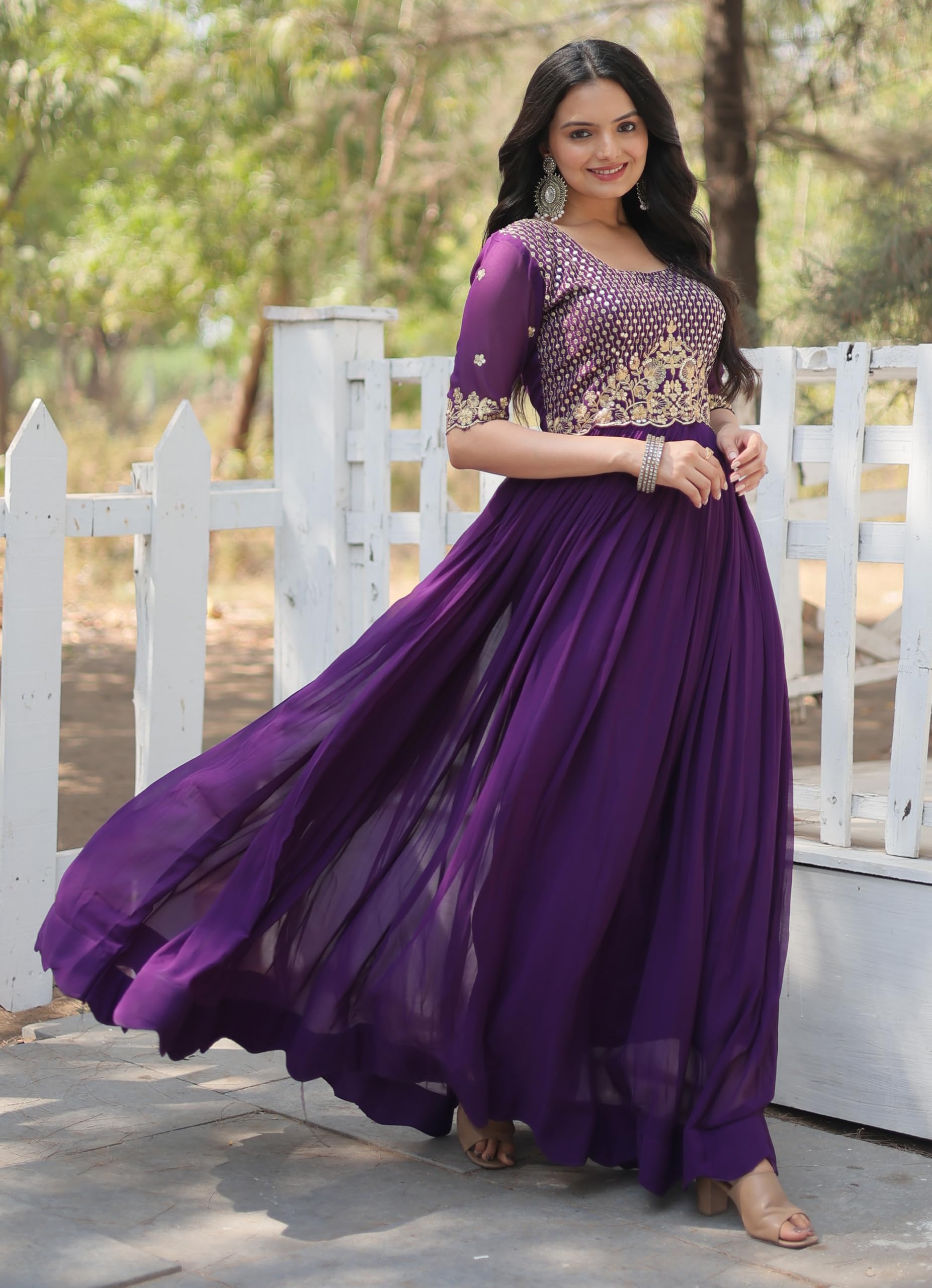 Fashion Basket Purple Georgette Anarkali Dress with Embroidery Work for Women