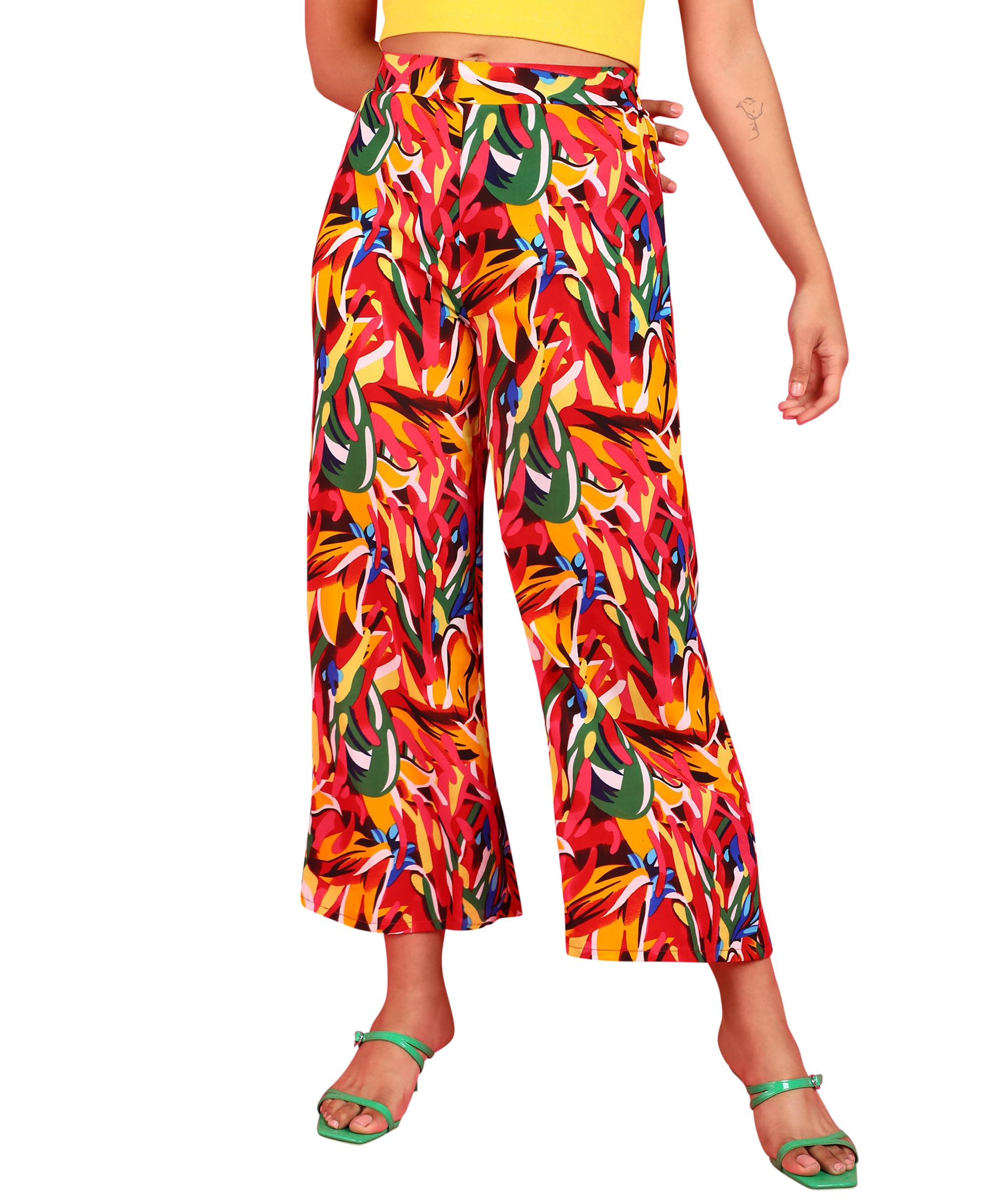 POPWINGS Casual Floral Printed Wide-Leg Trousers for Women || Latest Stylish Western Summer Wear Women Trousers || Ankle-Length 