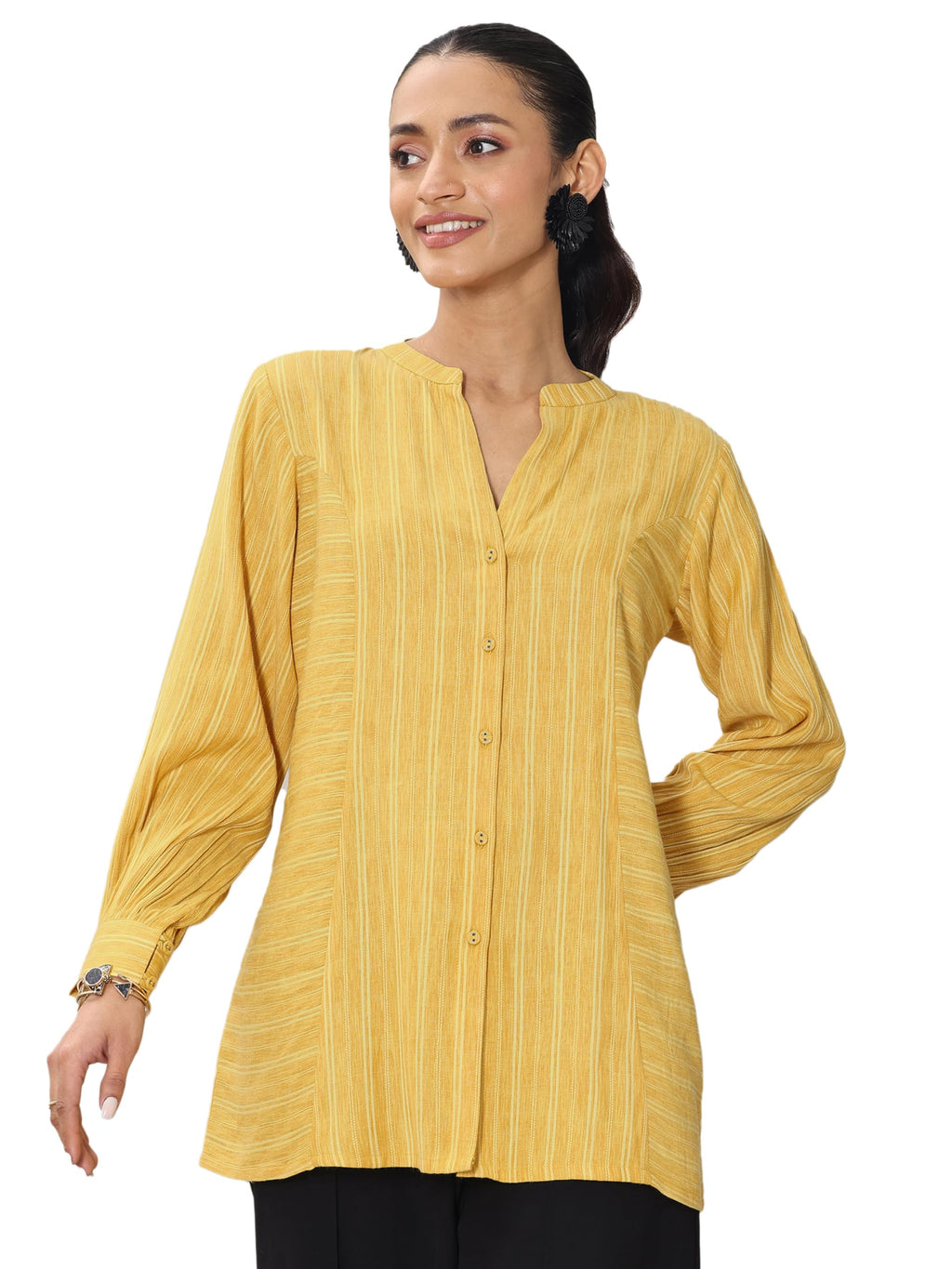 Libas Womens Woven Design Cotton Blend Straight Kurti For Women Yellow