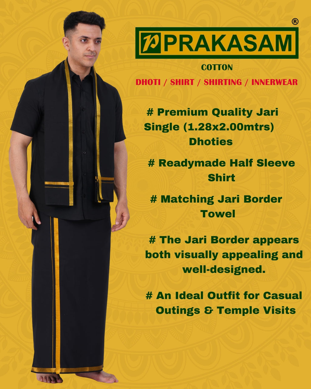 Prakasam Cotton Mens Single Jari Border (1.28X2.00 Mtrs) Black Dhoti + Readymade Half Sleeve Shirt + Balck Jari Border Matching