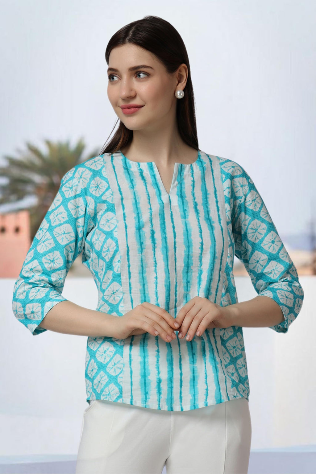 Popwings Cotton Geometric Regular Kurti (Women Printed Short Kurta_Sky Blue & White