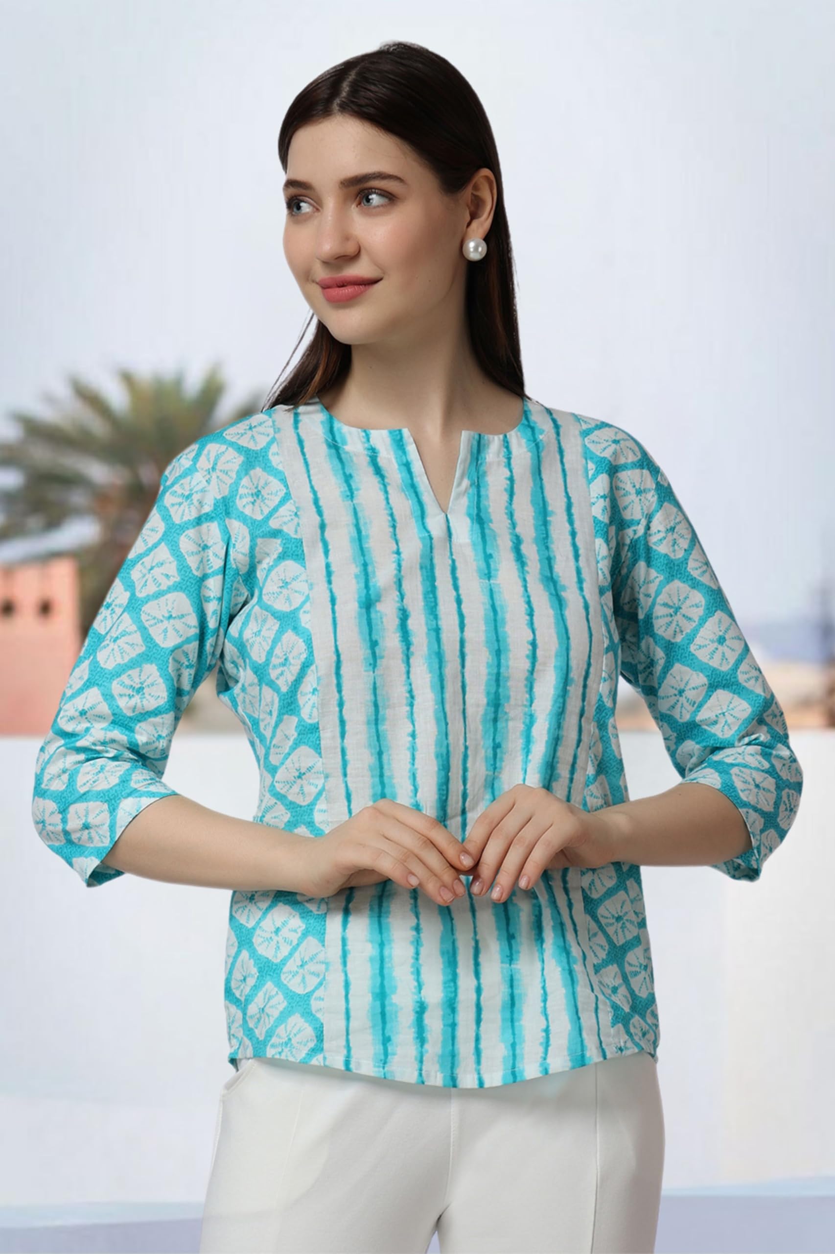 Popwings Cotton Geometric Regular Kurti (Women Printed Short Kurta_Sky Blue & White