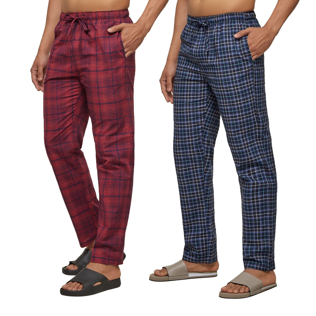 XYXX Mens Super Combed Cotton Checkered Checkmate Pyjamas [Pack of 2] Elasticated Waist, Drawstring | Loungewear for Men in Blu