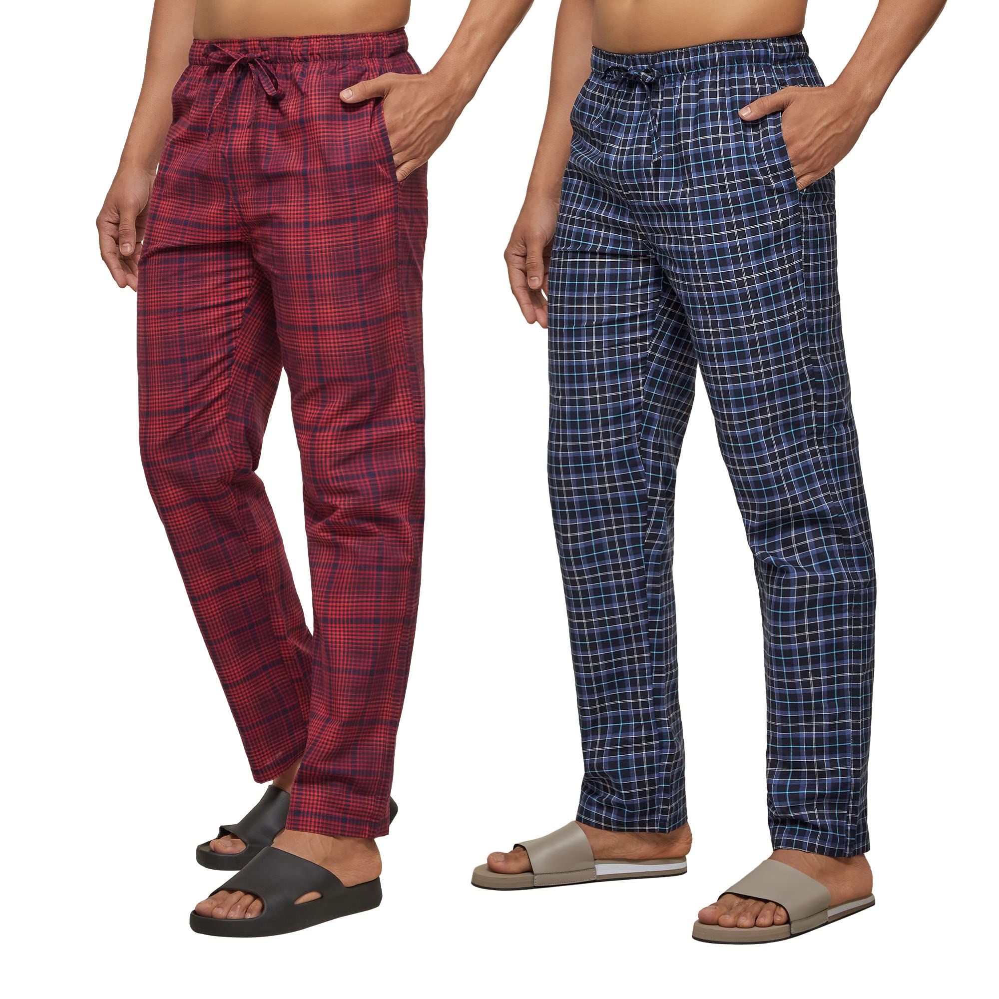 XYXX Mens Super Combed Cotton Checkered Checkmate Pyjamas [Pack of 2] Elasticated Waist, Drawstring | Loungewear for Men in Blu