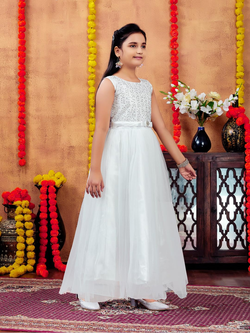 Aarika Girls White Colour Emballished Net Gown (3-9 Years)