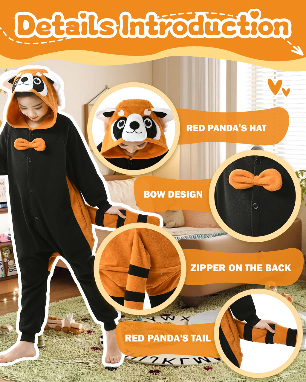 CANASOUR Red Panda Onesie Halloween Kids Cosplay Costume Girls Animal Unisex Outfuit One Piece Hooded Soft Pajamas Party 6-8 Yea