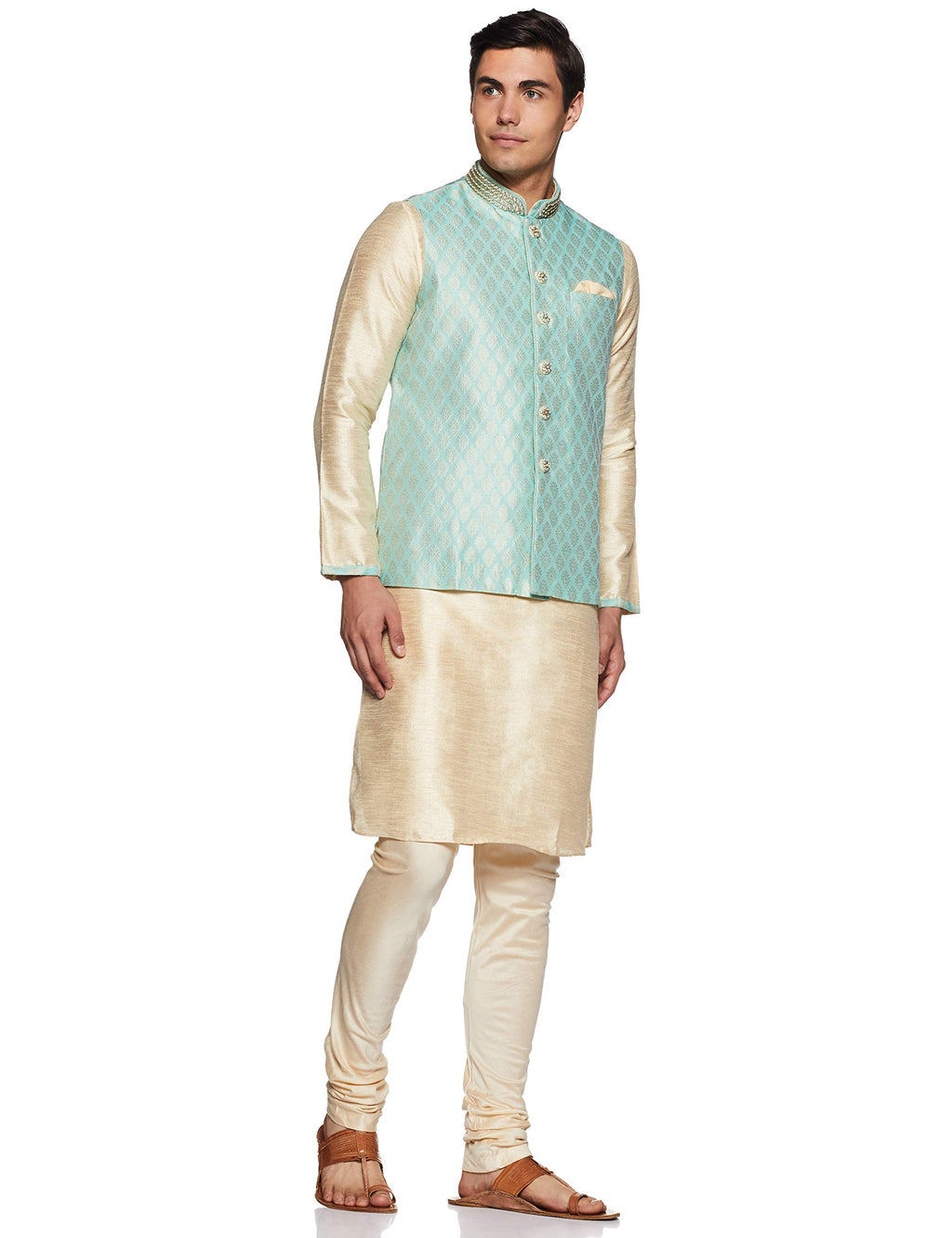 Manyavar MenS Silk Kurta Pyjama With Waist Coat (Jast053_Green_Xl)