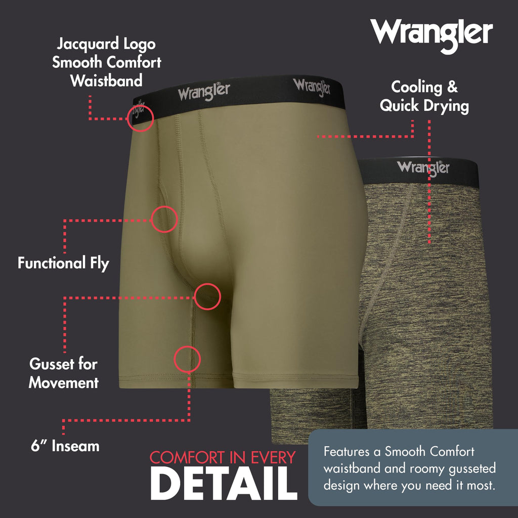 Wrangler Mens Cooling Boxer Briefs, 6    Inseam, Moisture-Wicking, Stretch Fabric, Pack of 6, Quick Dry