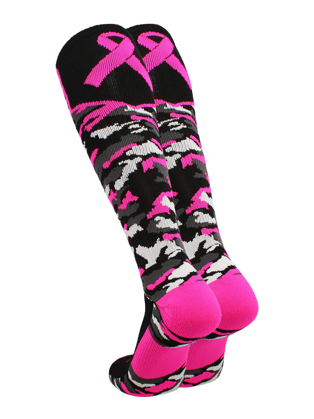 TCK Woodland Camo Breast Cancer Awareness Over the Calf Socks (Black/Hot Pink, Large) - Black/Hot Pink,Large