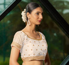 Pujia Mills WomenS White Readymade Blouse Embroidery Multi Coding Gold Thread Indian Ethnic Designer Blouse Stitched WomenS Re