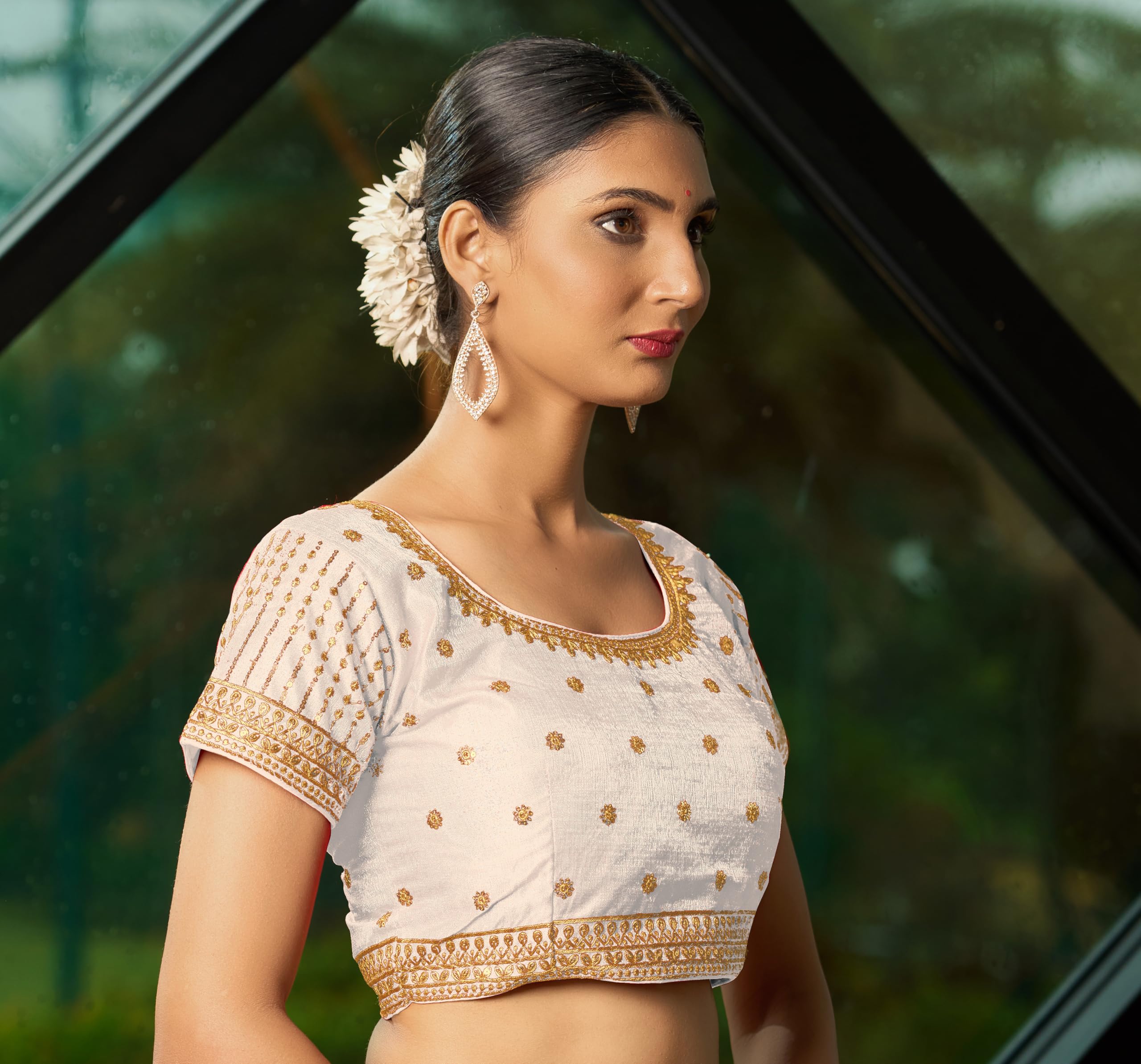 Pujia Mills WomenS White Readymade Blouse Embroidery Multi Coding Gold Thread Indian Ethnic Designer Blouse Stitched WomenS Re