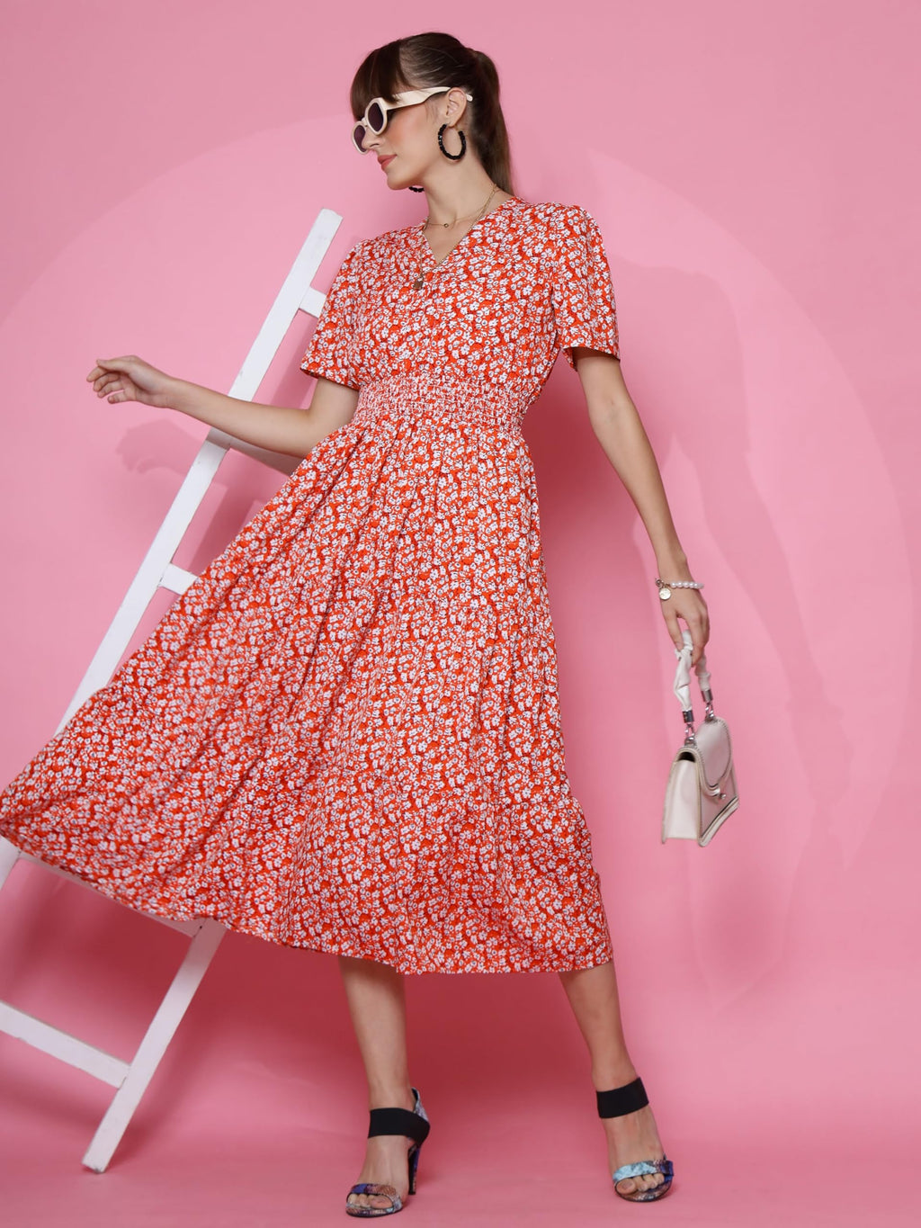 Sheetal Associates WomenS Casual Half Sleeve Crepe Printed Fit And Flare Dress Red