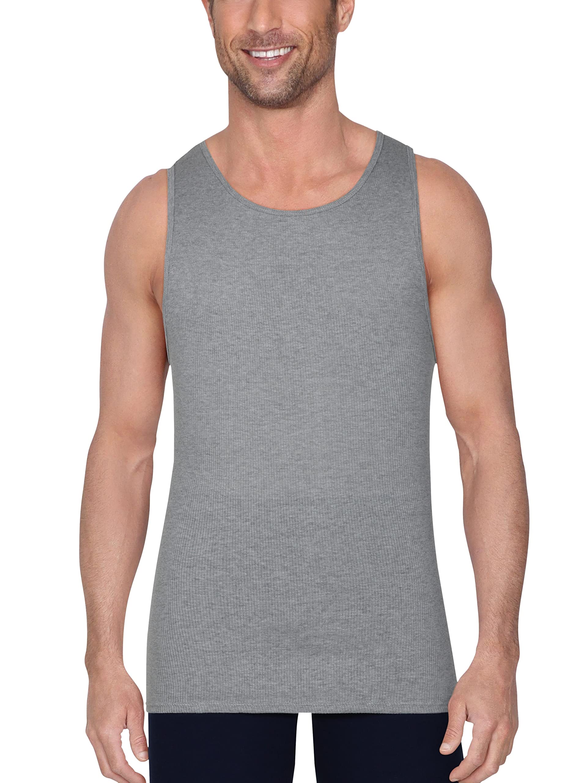 Fruit of the Loom Men's Tag-Free Cotton Undershirts, Regular-Tank-4 Pack Black/Grey, Small