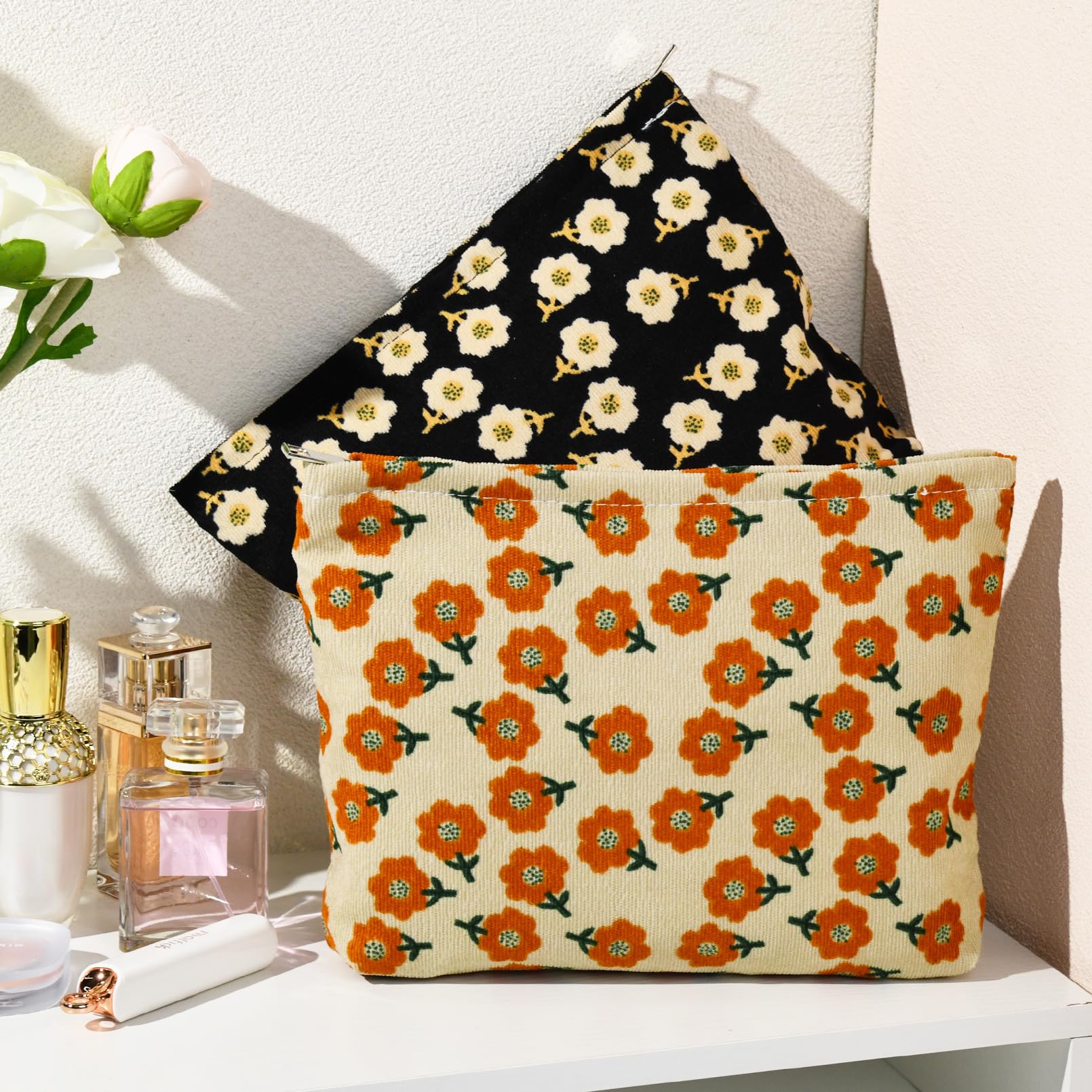 SOIDRAM 2 Pieces Flower Makeup Bag Large Corduroy Cosmetic Bag Capacity Canvas Travel Toiletry Bag Organizer Cute Makeup Brushes