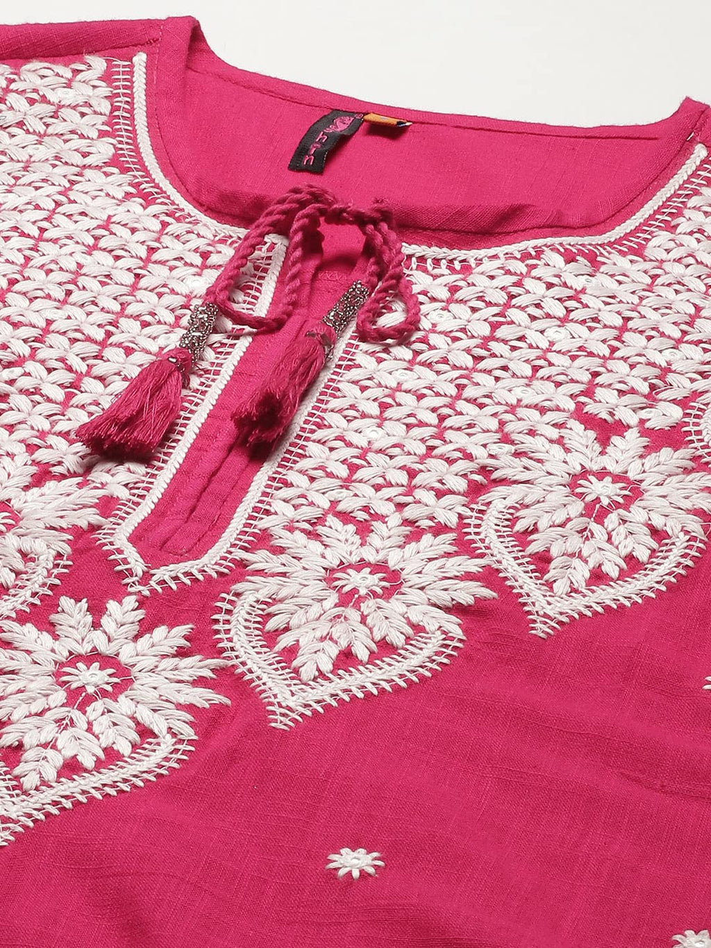 Ishin Women'S Cotton A-Line Embroidered Beads And Stones Floral Print Pink Kurti