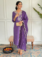 Naixa WomenS Levender Chanderi Embroidered Straight Kurta With Chanderi Pant And Organza Embroidered Dupatta Sets (Nx2-Jk-106-L