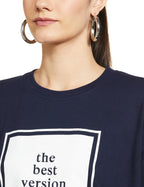 T2F Womens Printed Oversized Fit T-Shirt (WOM-DRP-TSRT-01_Navy