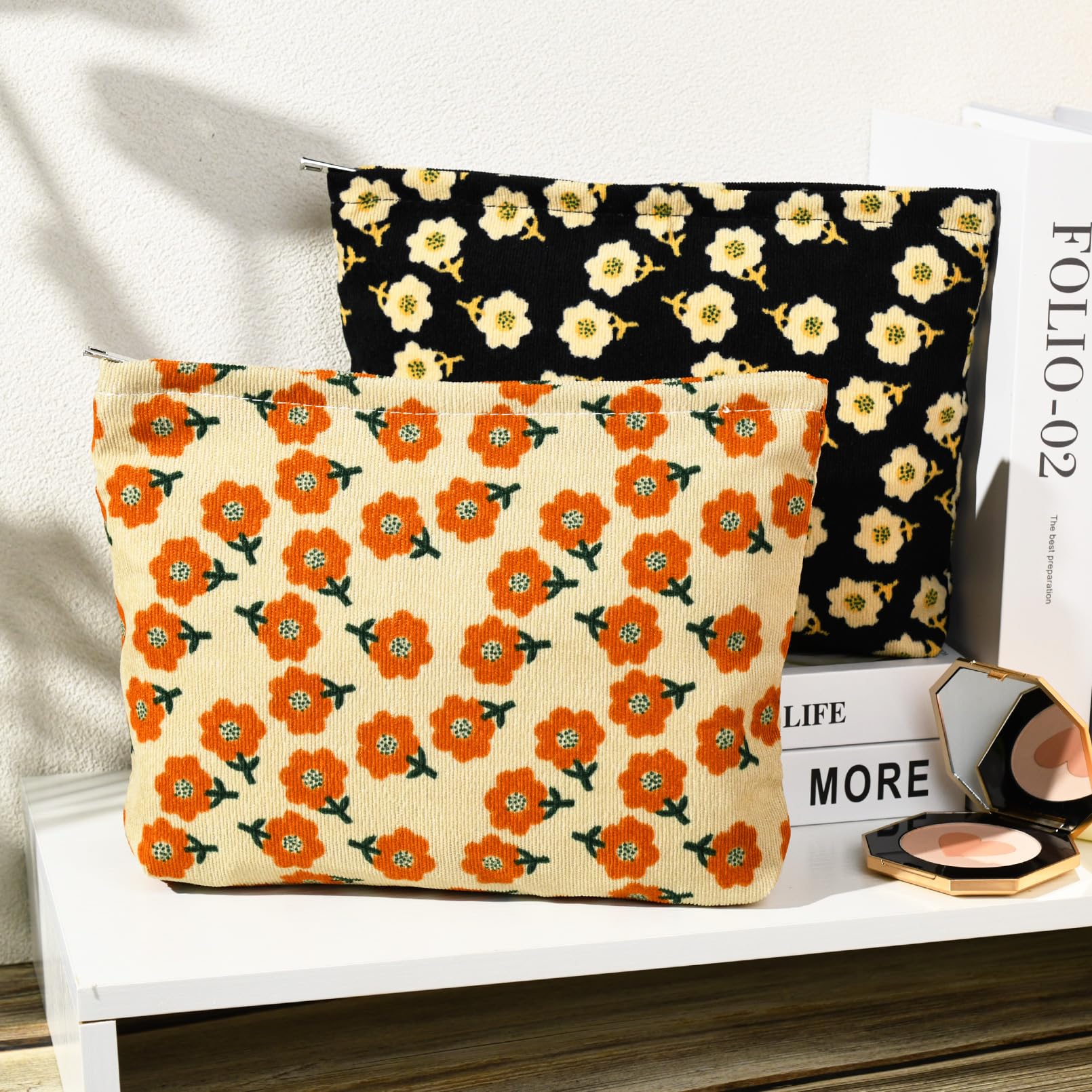 SOIDRAM 2 Pieces Flower Makeup Bag Large Corduroy Cosmetic Bag Capacity Canvas Travel Toiletry Bag Organizer Cute Makeup Brushes