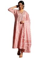 Libas Womens Printed Cotton A-Line Kurta With Trousers And Dupatta