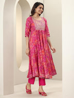 Libas Pink Ethnic Motif Printed Anarkali Kurta With Solid Trouser And Printed Dupatta