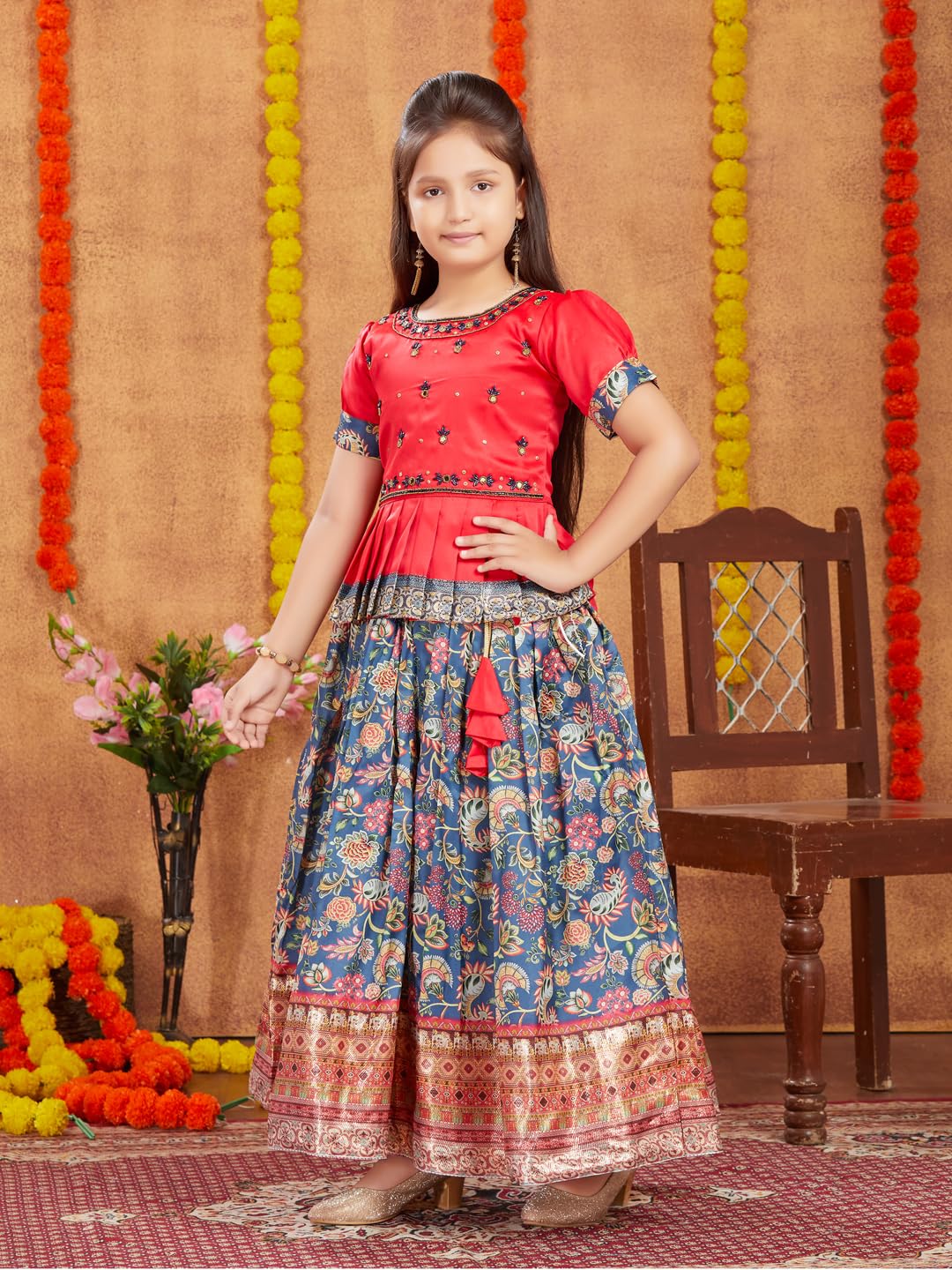 Aarika Girls Ethnic Wear Red Colour Beads Hand Embroidery Lehenga Choli Set (4-10 Years)