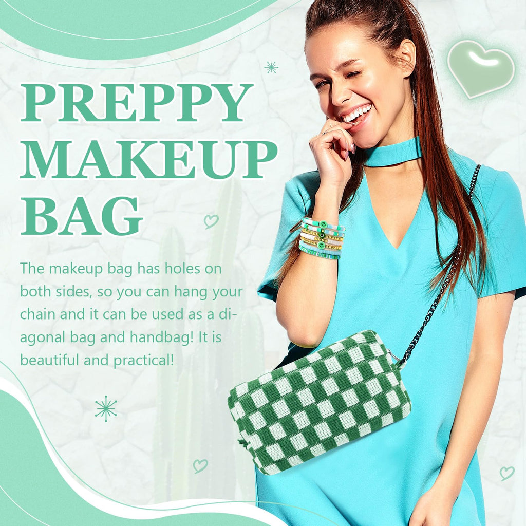 58 Pcs Checkered Makeup Bag Set Preppy Aesthetic Portable Cosmetic Bag Travel Makeup Pouch 7 Pcs Heishi Surfer Bracelets with 50
