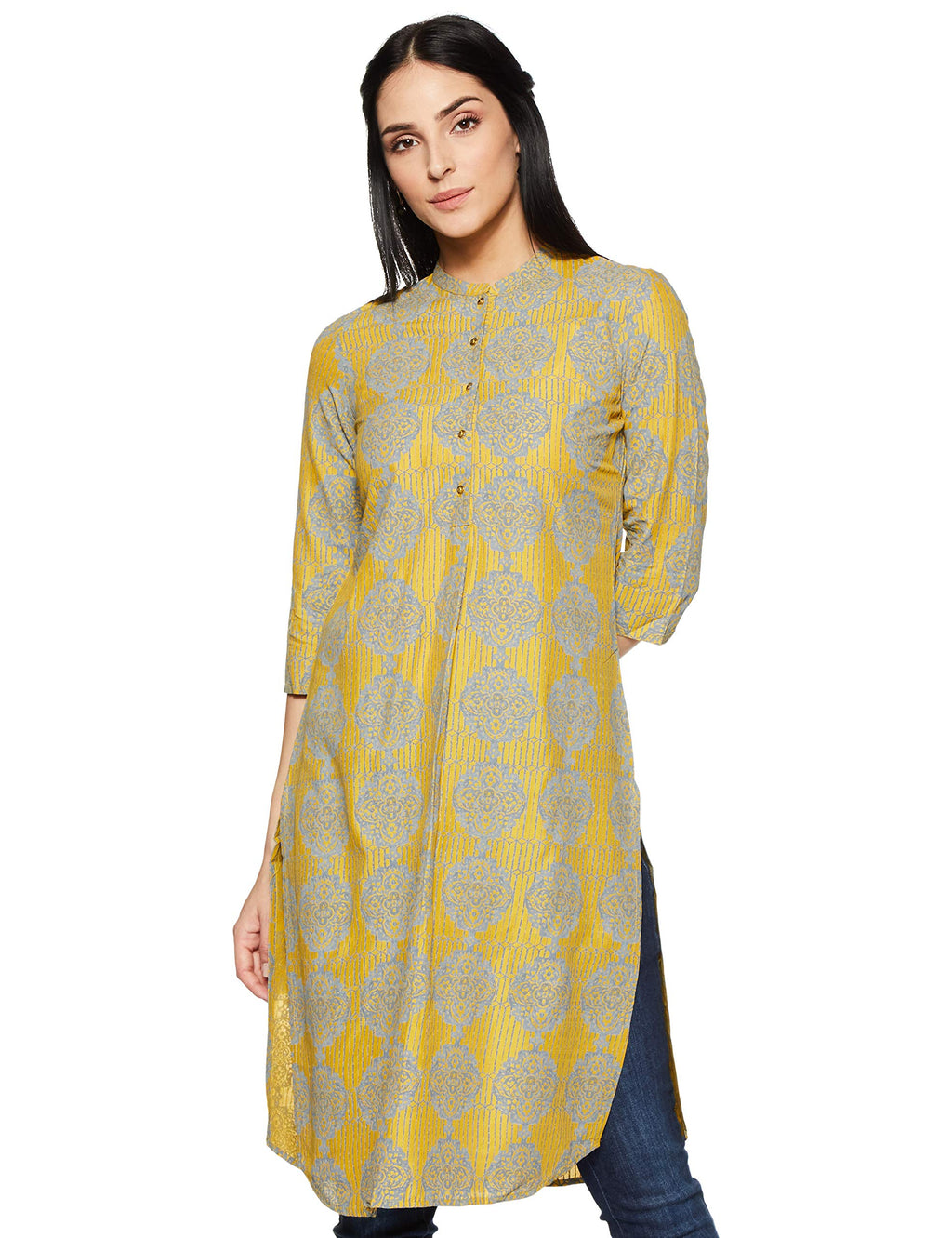 W For Woman W Yellow Mandarin Neck Printed Kurta
