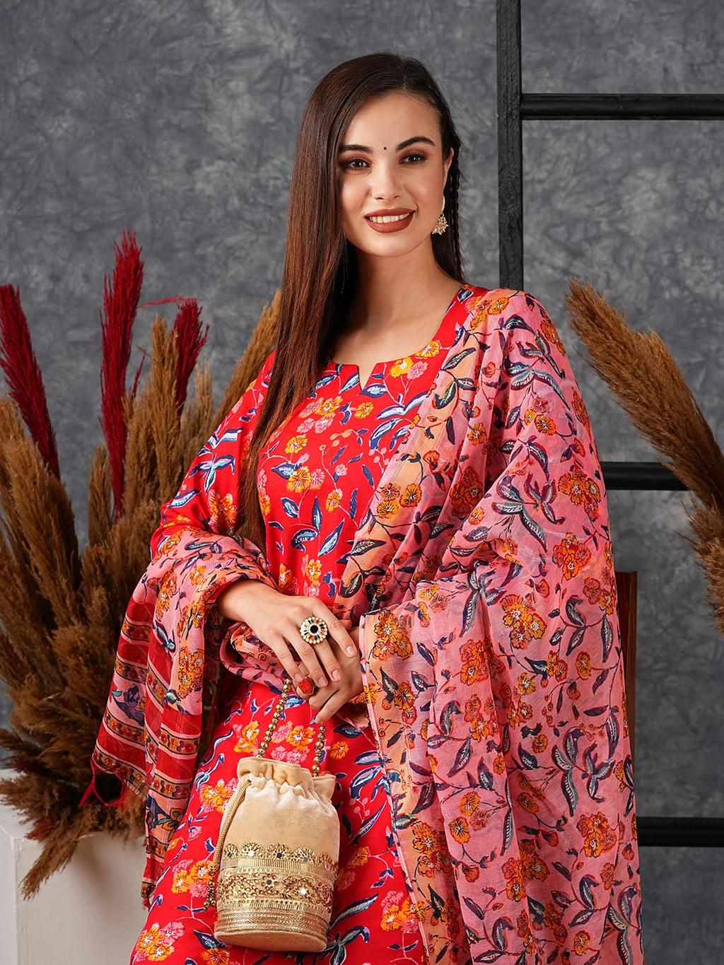 ANNI DESIGNER Ladies Cotton Blend Kurta with Trousers and Dupatta, red, M