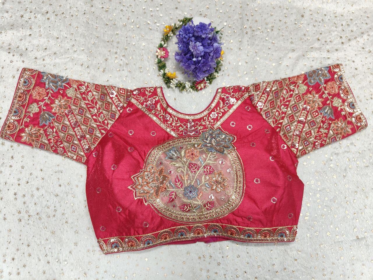 Pujia Mills WomenS Ethnic Wear Golden Codding With Multi Embroidery Sequence Work Sweetheart Neck Half Sleeve Readymade Bridal