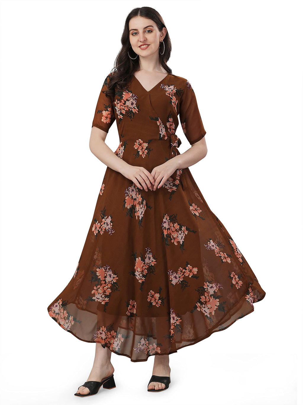 Trillmixa WomenS Georgette Midi Dress With Floral Printed Pattern Long Sleeves Knee Length V Neck A Line Style And Regular Fit 