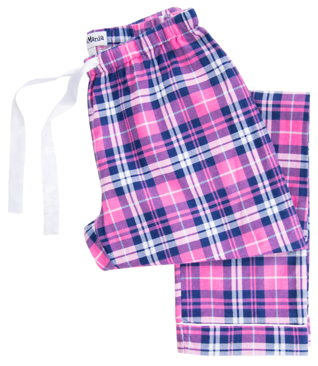 PajamaMania Women's Cotton Flannel Pajama PJ Pants with Pockets, Pink & Navy Plaid, X-Large
