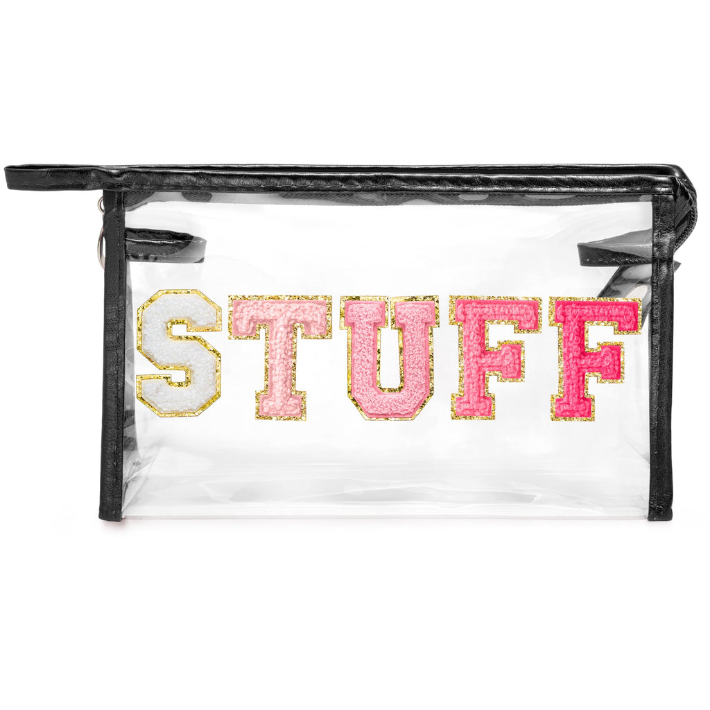 Y1tvei Clear STUFF Makeup Bag - Preppy Patch Rose Red Chenille Varsity Letter PVC Transparent Extra Large Cosmetic Pouch Portabl