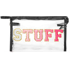 Y1tvei Clear STUFF Makeup Bag - Preppy Patch Rose Red Chenille Varsity Letter PVC Transparent Extra Large Cosmetic Pouch Portabl
