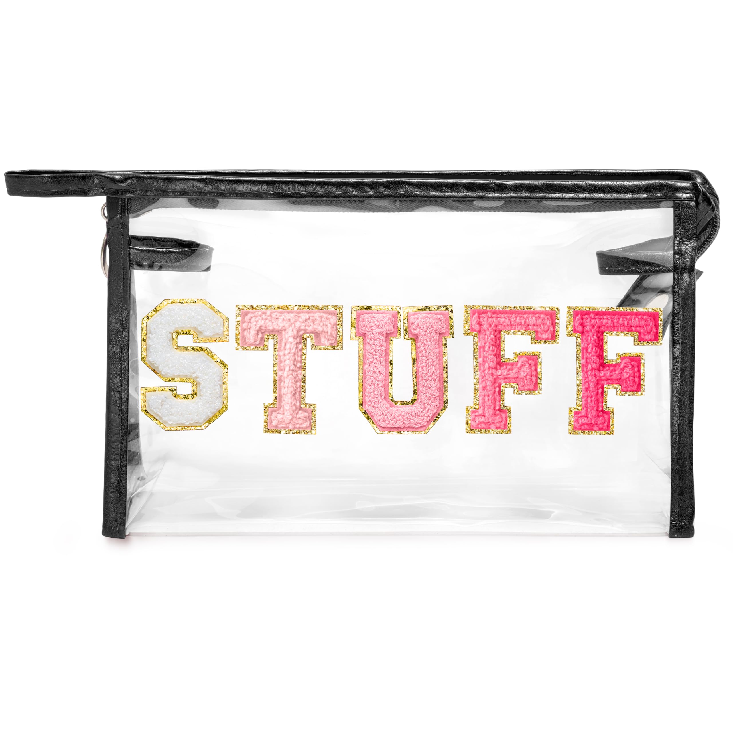 Y1tvei Clear STUFF Makeup Bag - Preppy Patch Rose Red Chenille Varsity Letter PVC Transparent Extra Large Cosmetic Pouch Portabl