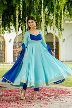 ANNI DESIGNER Anarkali Women s Plain Viscose Kurta with Trousers and Dupatta, Blue, 2XL